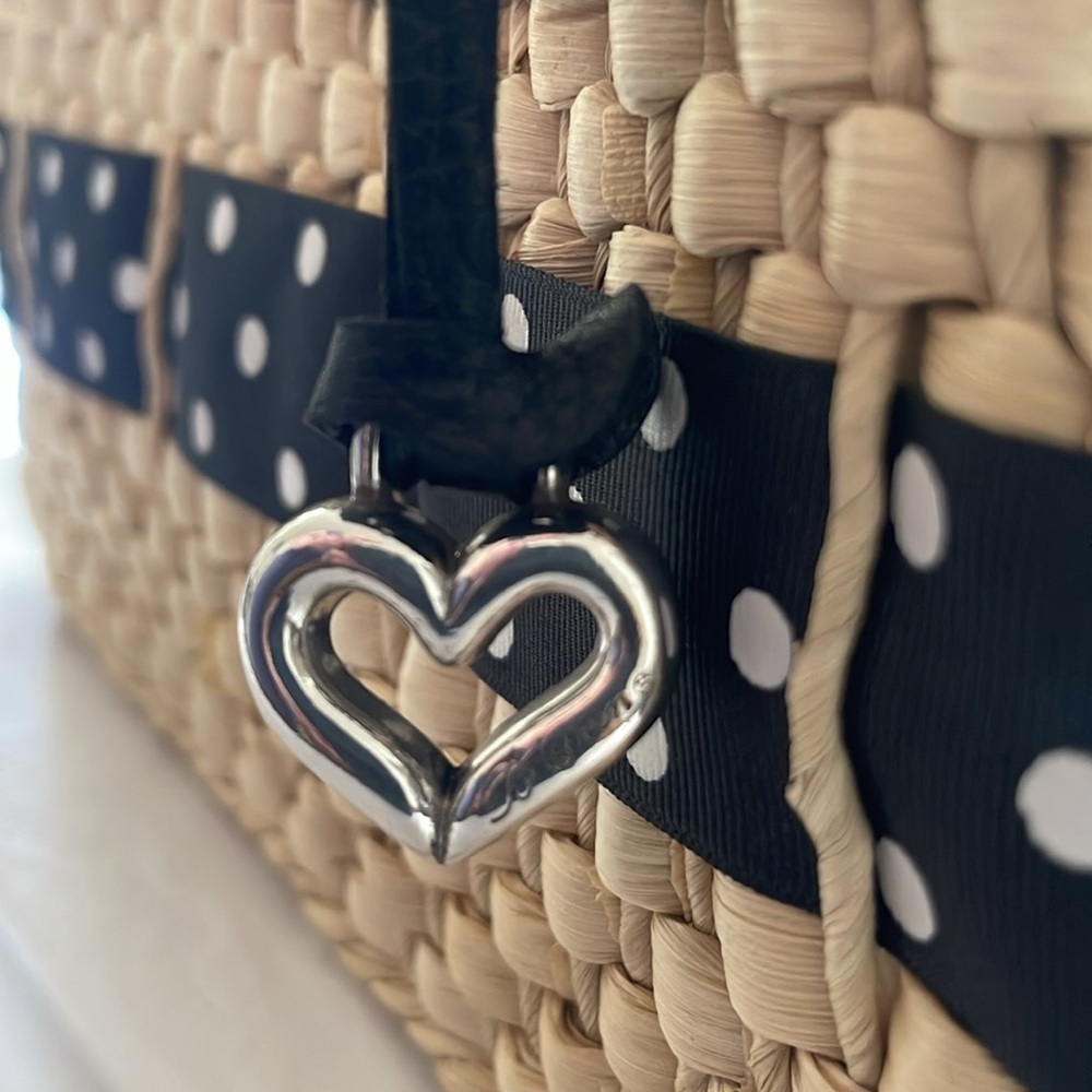 Brighton Black Leather and Tan Woven Wicker Polka Dot Purse Handbag UNUSED - Picture 3 of 14